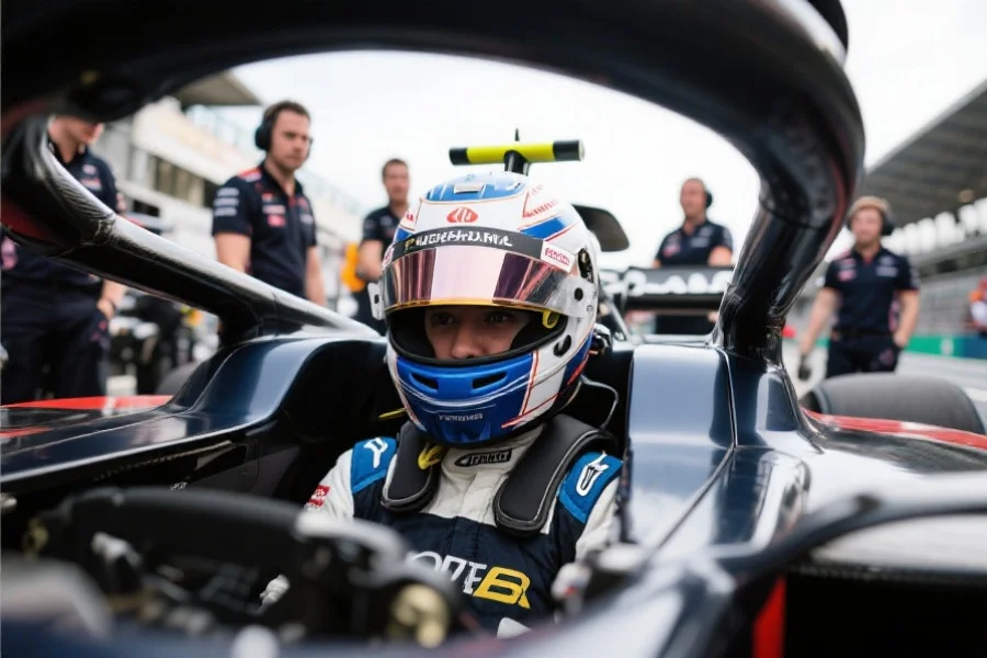 赛车手戴头盔坐在F1赛车内，专注地准备发车，背景为团队技师和赛道风景