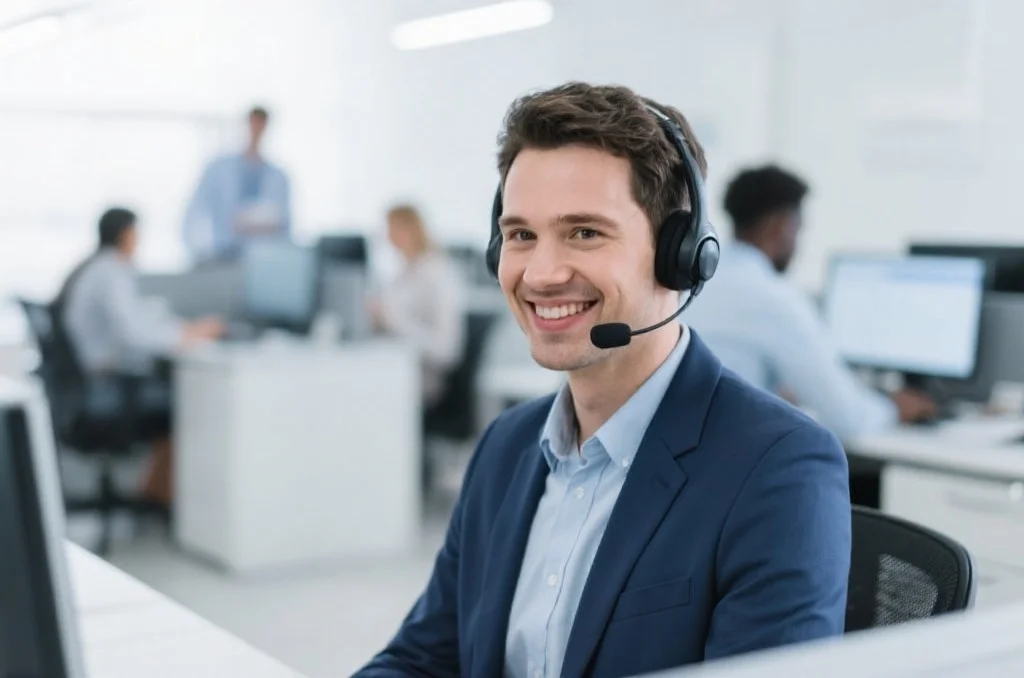 一位友好的客服代表正在通过耳机提供支持